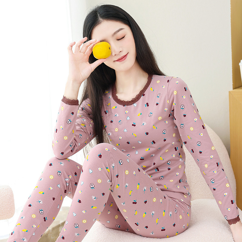 Set de lenjerie termică din bumbac 100% pentru toamnă — top pulover cu guler rotund și pantaloni, unic strat, greutate medie, 95–100% bumbac, pentru adolescente