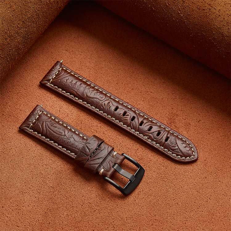 Olang universālā pulksteņa siksna — pirmās pakāpes liellādas āda ar eļļas-vaska apdari, Tang stila gravēta āda, īsta āda, oriģinālais dizains, saderīga ar viedpulksteņiem