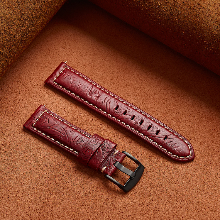 Olang universālā pulksteņa siksna — pirmās pakāpes liellādas āda ar eļļas-vaska apdari, Tang stila gravēta āda, īsta āda, oriģinālais dizains, saderīga ar viedpulksteņiem