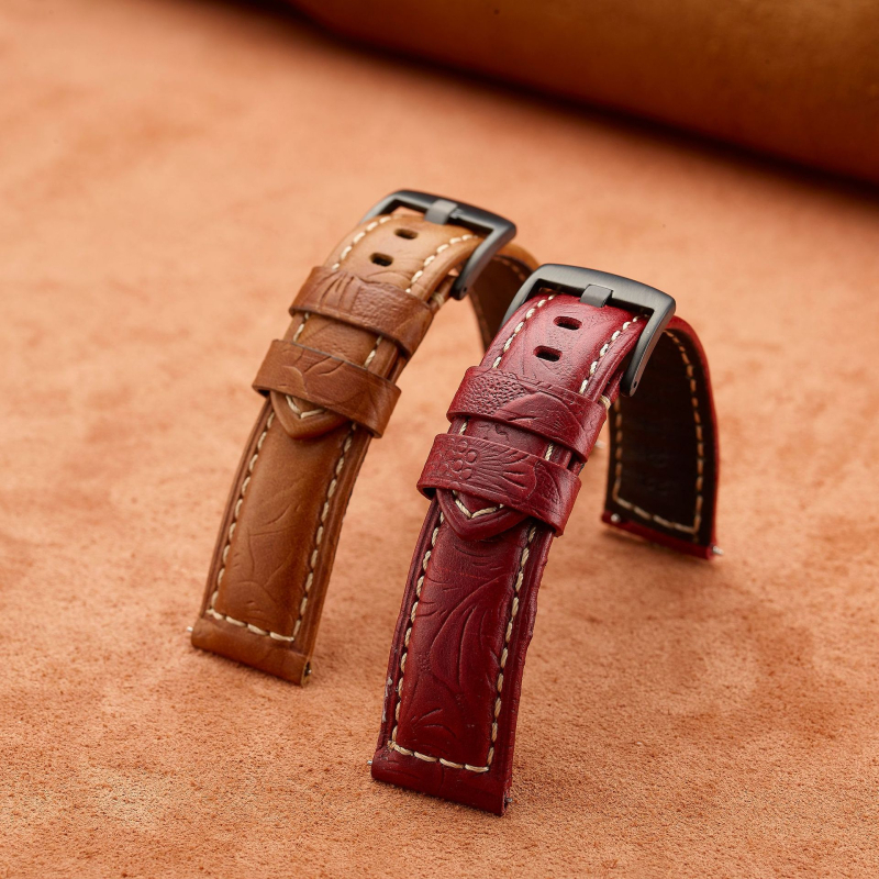 Olang universālā pulksteņa siksna — pirmās pakāpes liellādas āda ar eļļas-vaska apdari, Tang stila gravēta āda, īsta āda, oriģinālais dizains, saderīga ar viedpulksteņiem