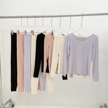 Set termic de iarnă din tricot acrilic Mitsubishi, cu căptușeală fleece groasă; pulover cu mânecă lungă, guler rotund, pantaloni lungi, pentru tineri.