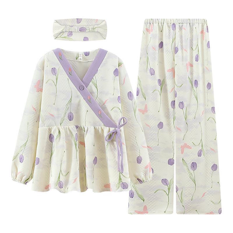 Σετ πυτζάμες θηλασμού από βαμβάκι, με V-λαιμό, μακριά μανίκια και παντελόνια, φθινοπωπω-χειμώνα, 90–95% βαμβάκι