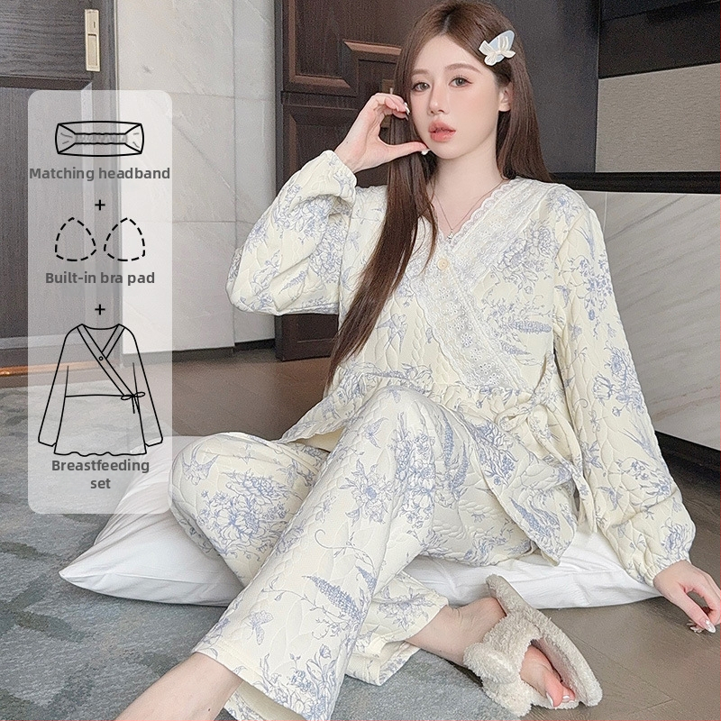 Σετ πυτζάμες θηλασμού από βαμβάκι, με V-λαιμό, μακριά μανίκια και παντελόνια, φθινοπωπω-χειμώνα, 90–95% βαμβάκι