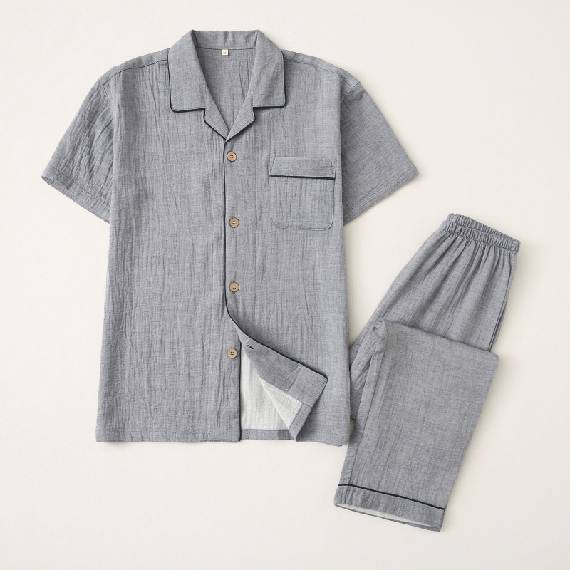 Muški pidžama set - dvostruko složena gaz - 100% pamuk - japanski minimalistički stil - dugi rukavi