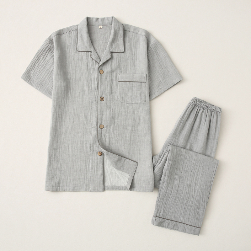 Muški pidžama set - dvostruko složena gaz - 100% pamuk - japanski minimalistički stil - dugi rukavi