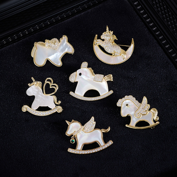 Брошка от медна сплав с естествена черупка, животински мотив единорог, електроплакиране, стил лукс, за жени