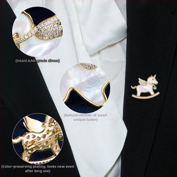 Брошка от медна сплав с естествена черупка, животински мотив единорог, електроплакиране, стил лукс, за жени