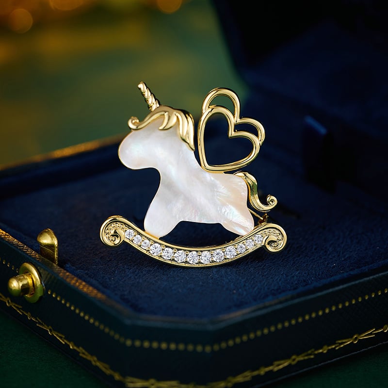 Брошка от медна сплав с естествена черупка, животински мотив единорог, електроплакиране, стил лукс, за жени
