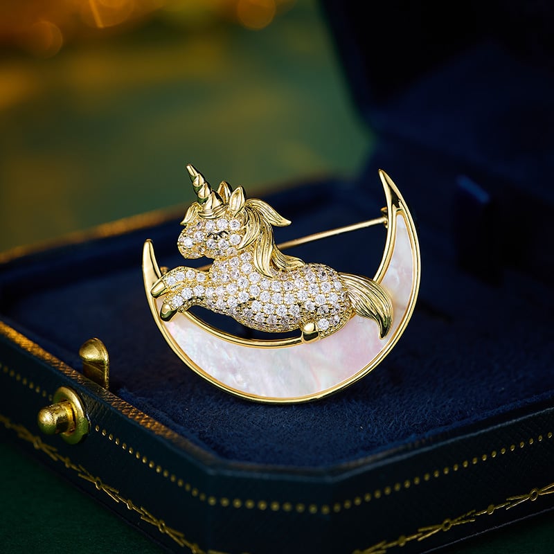 Брошка от медна сплав с естествена черупка, животински мотив единорог, електроплакиране, стил лукс, за жени