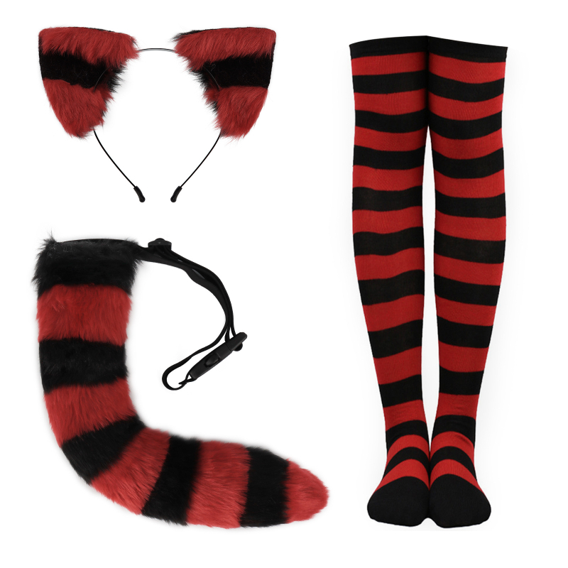 Set mačjih ušiju i rep za cosplay s plišanim pojasom za glavu i prugastim čarapama, poliester (Brend: Junpeng; Za odrasle; Ljeto 2023)