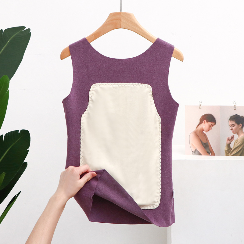 Moteriška terminė liemenė su fliso įdanga, be siūlių, storesnis poliesterio Derong audinys, vienos spalvos dizainas, velūro aplikacija, apvali kaklo linija