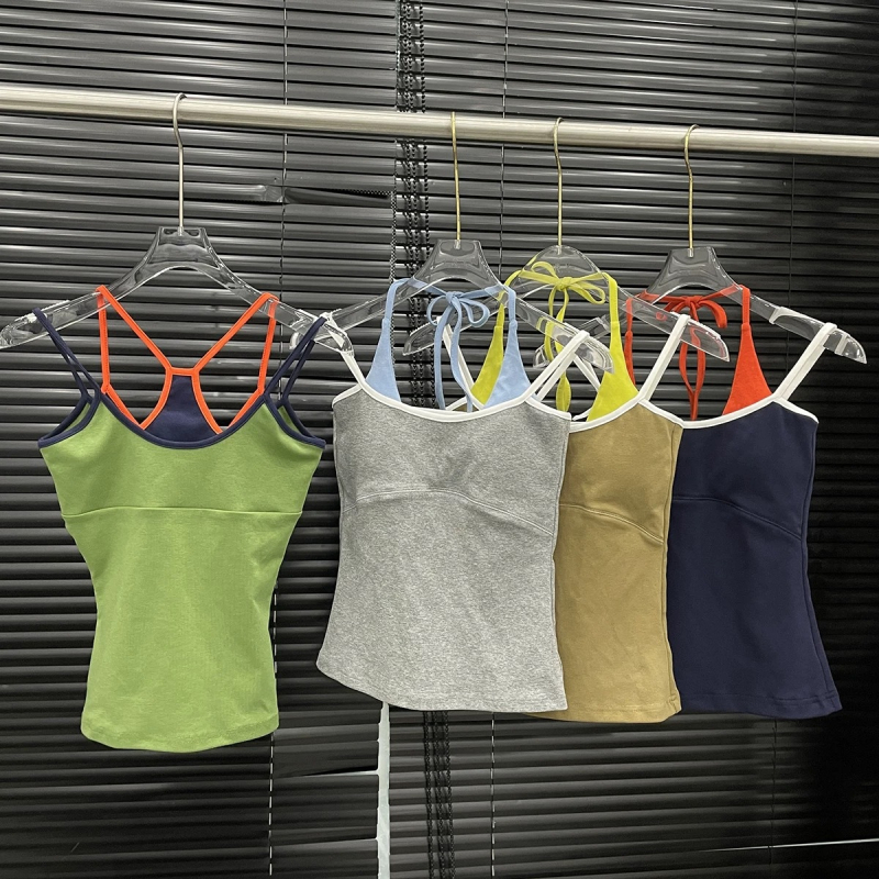 Top camisole din bumbac, croială Slim, lungime scurtă, model contrastant, Primăvara 2025