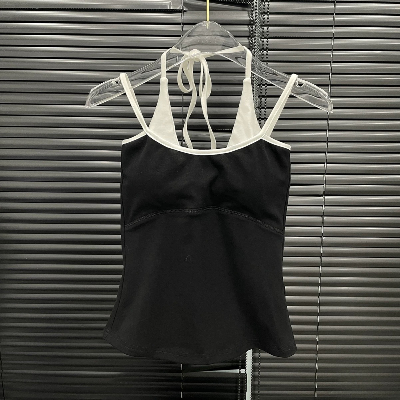 Top camisole din bumbac, croială Slim, lungime scurtă, model contrastant, Primăvara 2025