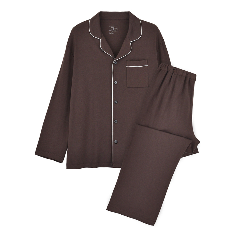 Японски стил модал-памучен пижамен комплект за жена и мъж – 54% модал, 39% памук, 7% еластан; средно тегло 161–180 g/m²; лапово яка, дълги ръкави, панталони; домашно облекло за всички сезони