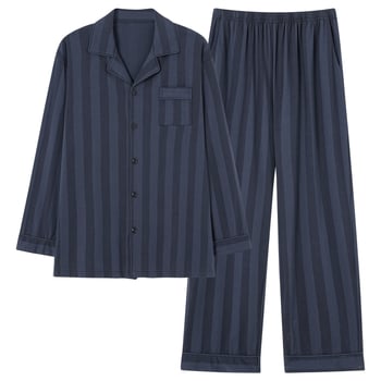 Férfi 100% pamut pizsama szett – kardigán stílusú galléros, hosszú ujjú, hosszú nadrág