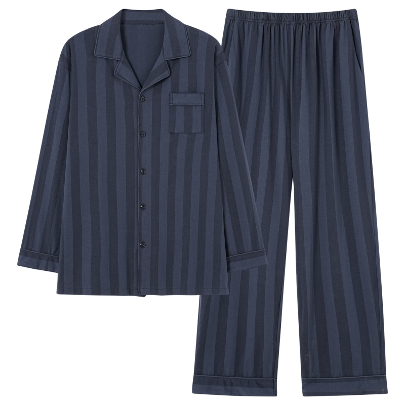 Férfi 100% pamut pizsama szett – kardigán stílusú galléros, hosszú ujjú, hosszú nadrág