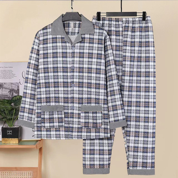 Baidijia Interlayer steppelt férfi pizsama galléros kardigán – hosszú ujjú, vastag anyag 251–300 g/m², kockás minta, őszi-téli viseletre