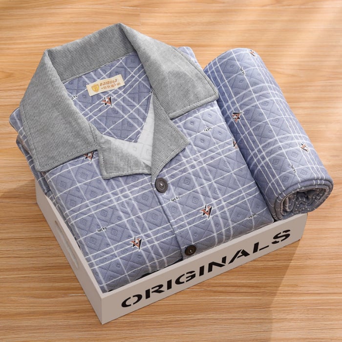 Baidijia Interlayer steppelt férfi pizsama galléros kardigán – hosszú ujjú, vastag anyag 251–300 g/m², kockás minta, őszi-téli viseletre