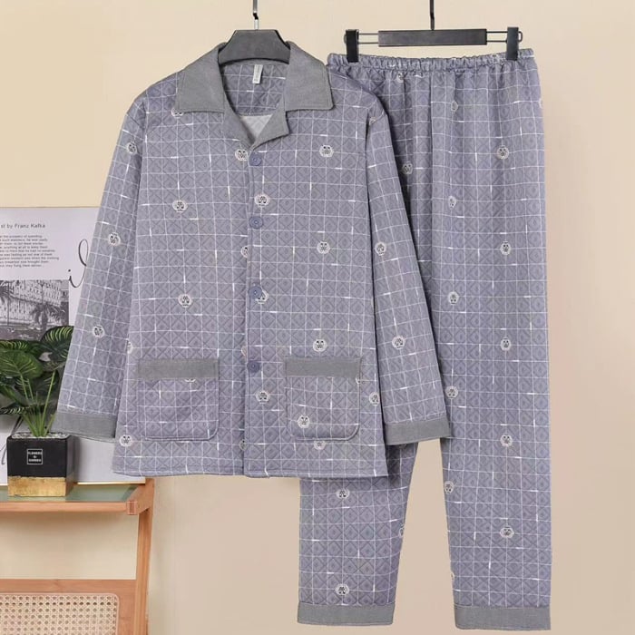 Baidijia Interlayer steppelt férfi pizsama galléros kardigán – hosszú ujjú, vastag anyag 251–300 g/m², kockás minta, őszi-téli viseletre