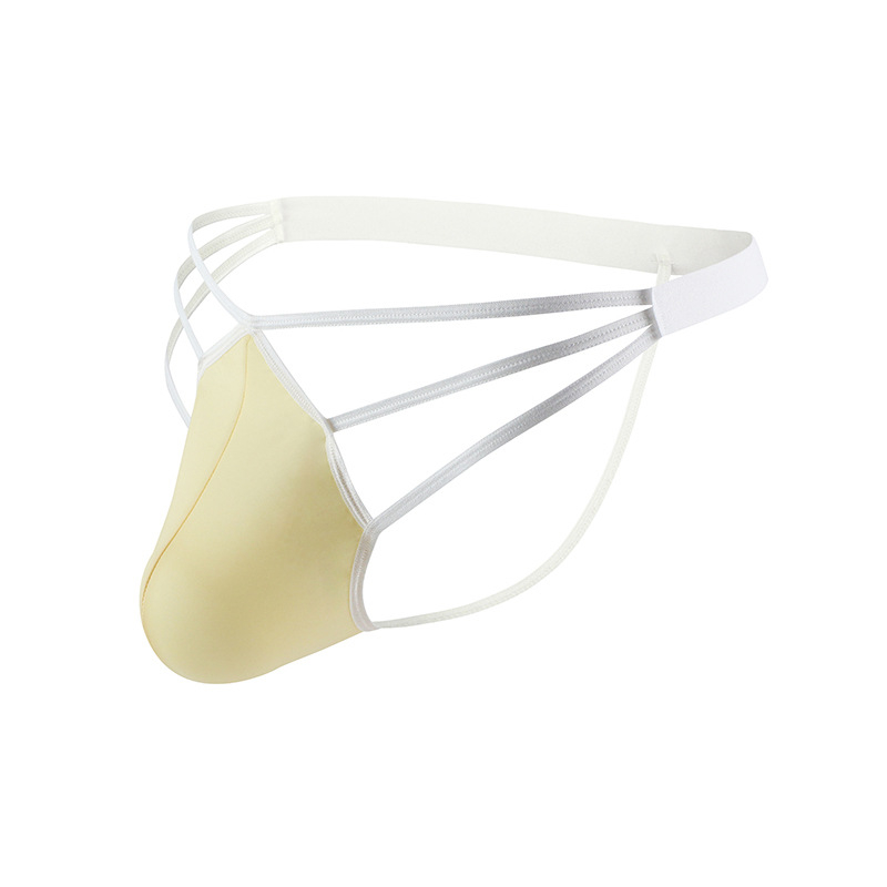 Lenjerie intimă masculină sexy — thong cu buzunar mare, cu trei dungi, expune posteriorul, talie joasă; Nailon; material răcoros; conținut principal al materialului 80–90%; ambalaj: pungă; lansare: toamna 2025