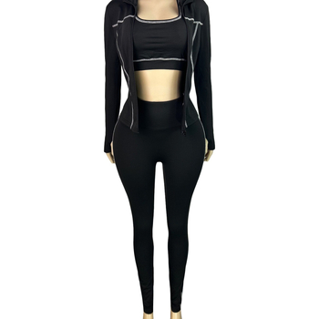 HR25038 Európai és amerikai női divat 3 részes szett: racer mellény cipzárral, hosszú ujjú, szűk nadrág — Milk Silk, Poliészter 90–95%, Spandex