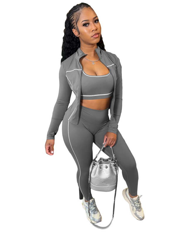 HR25038 Európai és amerikai női divat 3 részes szett: racer mellény cipzárral, hosszú ujjú, szűk nadrág — Milk Silk, Poliészter 90–95%, Spandex