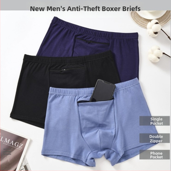 Meeste anti-kraapuv bokserid fläpp tasku ja topelt tõmblukkidega, hingav puuvillane trikotaaž, keskmine vöökoht, ühtlane muster, 90–95% puuvillasisaldus, kõigile aastaaegadele