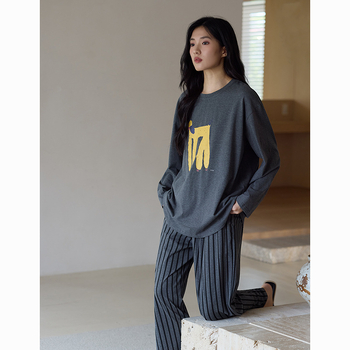 Set de pijamale pentru femei din bumbac antibacterian, bumbac elastic, cu guler rotund, mâneci lungi și pantaloni