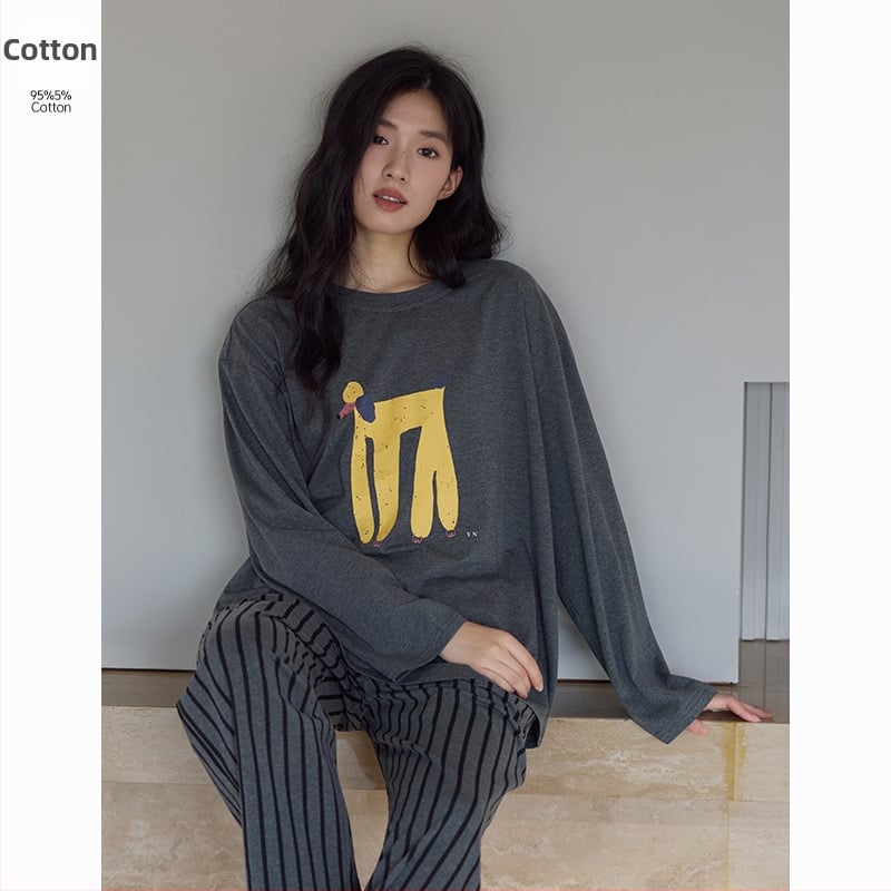 Set de pijamale pentru femei din bumbac antibacterian, bumbac elastic, cu guler rotund, mâneci lungi și pantaloni