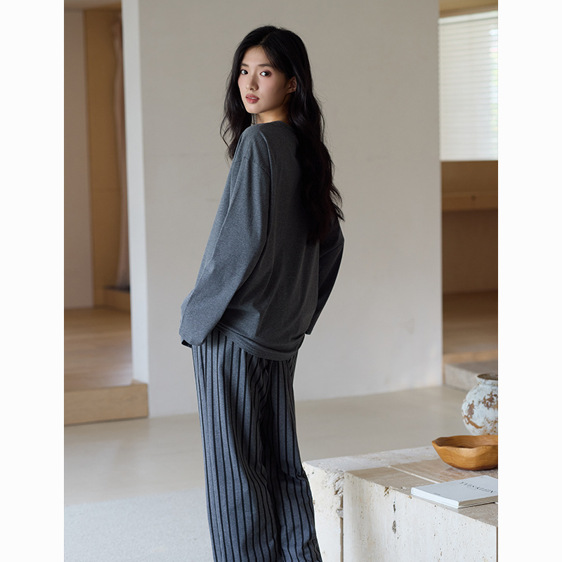 Set de pijamale pentru femei din bumbac antibacterian, bumbac elastic, cu guler rotund, mâneci lungi și pantaloni