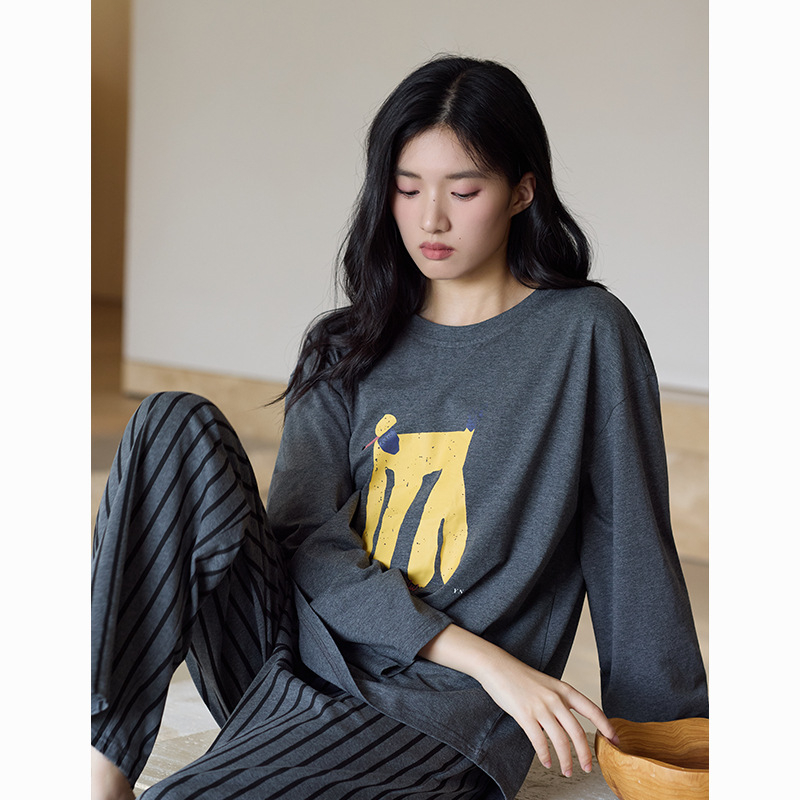 Set de pijamale pentru femei din bumbac antibacterian, bumbac elastic, cu guler rotund, mâneci lungi și pantaloni