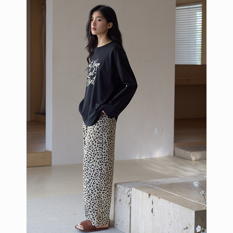 Set de pijamale pentru femei din bumbac antibacterian, bumbac elastic, cu guler rotund, mâneci lungi și pantaloni