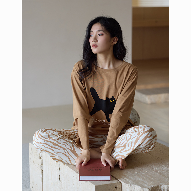 Set de pijamale pentru femei din bumbac antibacterian, bumbac elastic, cu guler rotund, mâneci lungi și pantaloni