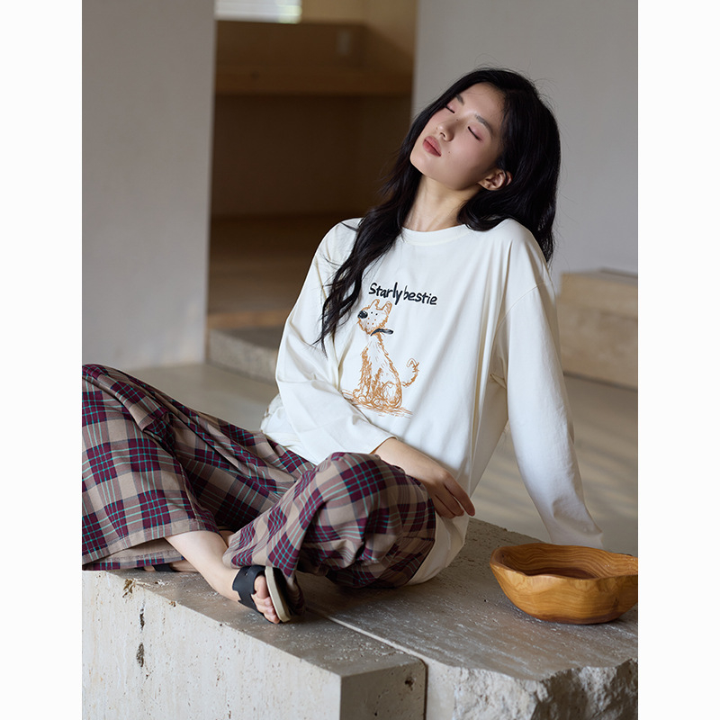 Set de pijamale pentru femei din bumbac antibacterian, bumbac elastic, cu guler rotund, mâneci lungi și pantaloni