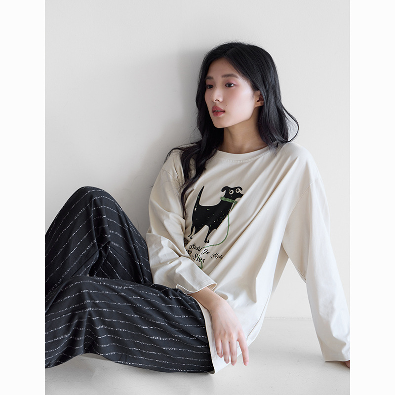 Set de pijamale pentru femei din bumbac antibacterian, bumbac elastic, cu guler rotund, mâneci lungi și pantaloni