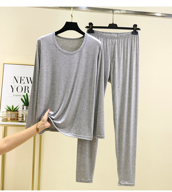 Férfi modal őszi pizsama szett – hosszú ujjú felső és nadrág, egyszínű, környakú, vastag anyag 201-250 g/m2