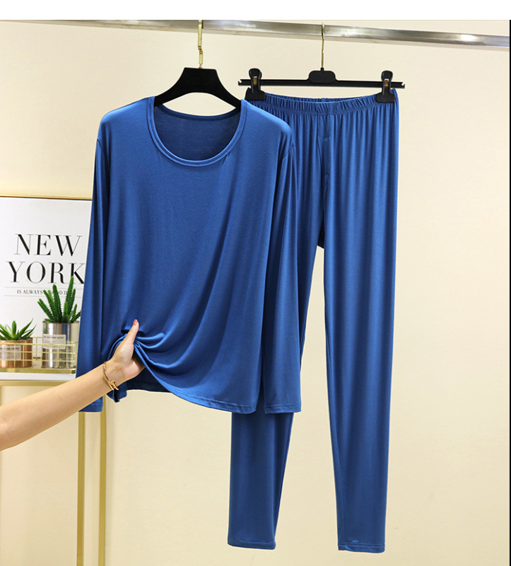 Férfi modal őszi pizsama szett – hosszú ujjú felső és nadrág, egyszínű, környakú, vastag anyag 201-250 g/m2