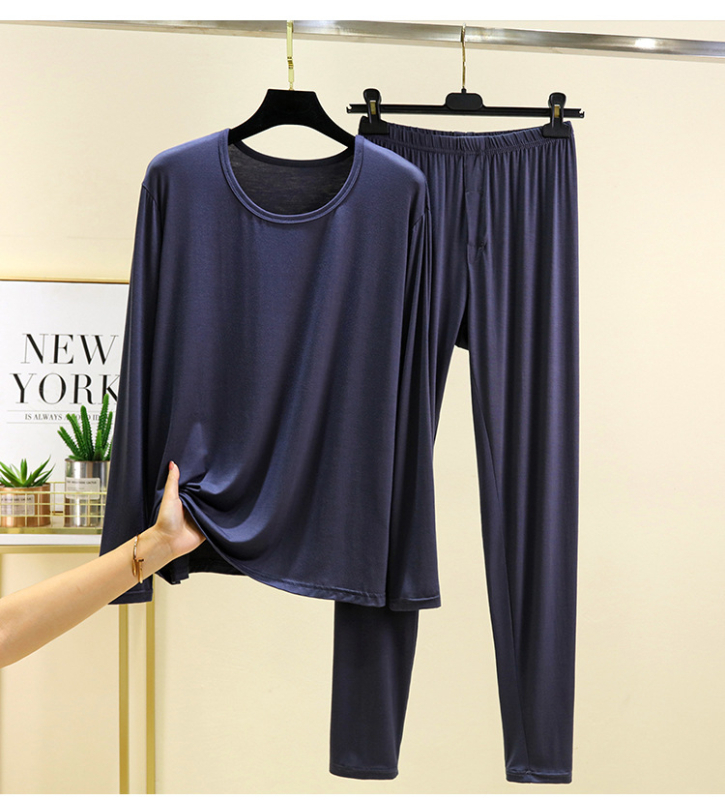 Férfi modal őszi pizsama szett – hosszú ujjú felső és nadrág, egyszínű, környakú, vastag anyag 201-250 g/m2