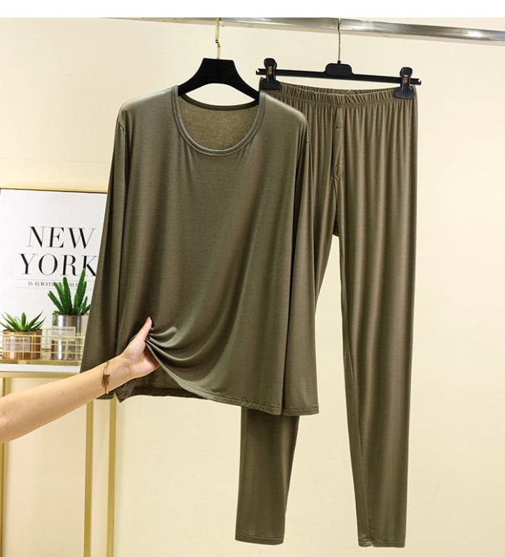 Férfi modal őszi pizsama szett – hosszú ujjú felső és nadrág, egyszínű, környakú, vastag anyag 201-250 g/m2