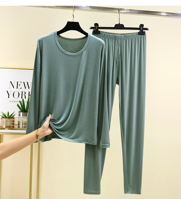 Férfi modal őszi pizsama szett – hosszú ujjú felső és nadrág, egyszínű, környakú, vastag anyag 201-250 g/m2