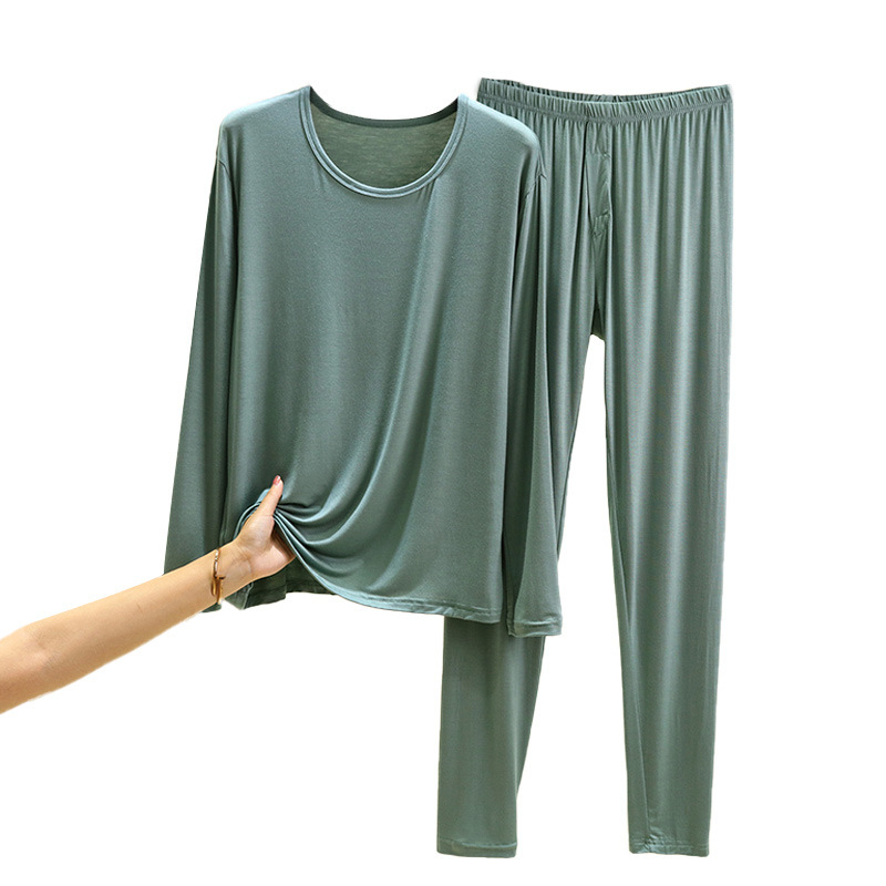 Férfi modal őszi pizsama szett – hosszú ujjú felső és nadrág, egyszínű, környakú, vastag anyag 201-250 g/m2