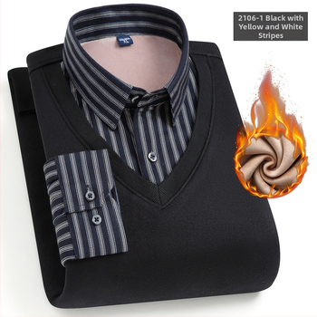 Meeste võlts kaks-osaline särk, pikkade varrukatega, ruudukujuline krae, fleece-vooder, polüester, triibuline muster