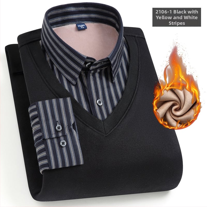 Meeste võlts kaks-osaline särk, pikkade varrukatega, ruudukujuline krae, fleece-vooder, polüester, triibuline muster