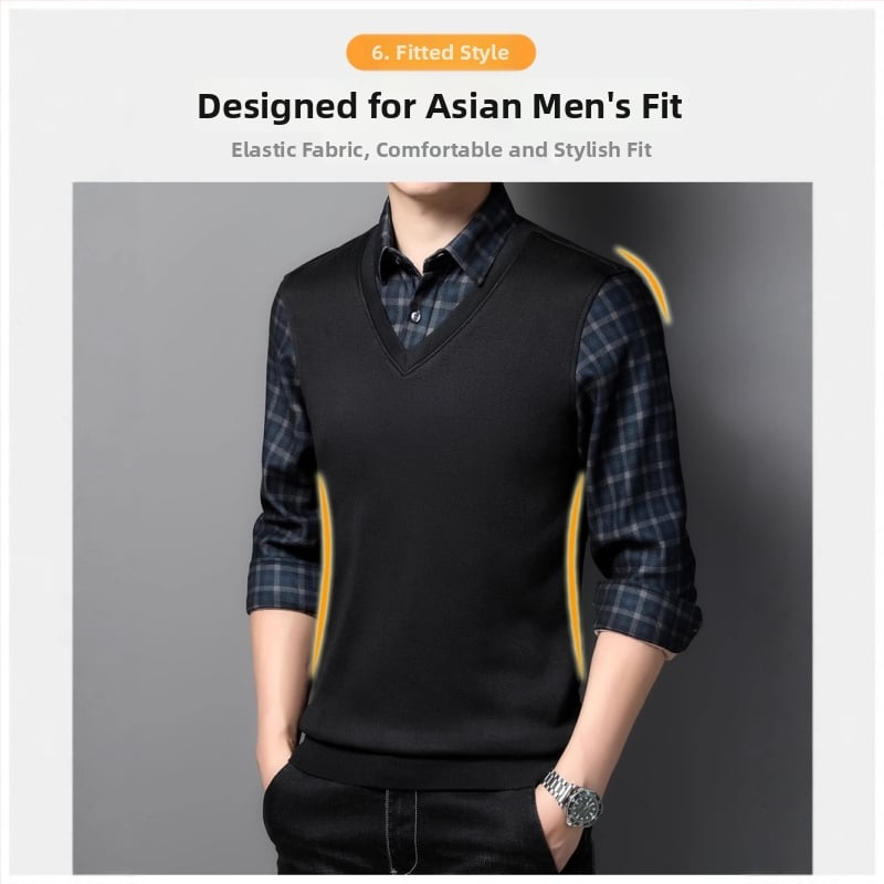 Meeste võlts kaks-osaline särk, pikkade varrukatega, ruudukujuline krae, fleece-vooder, polüester, triibuline muster