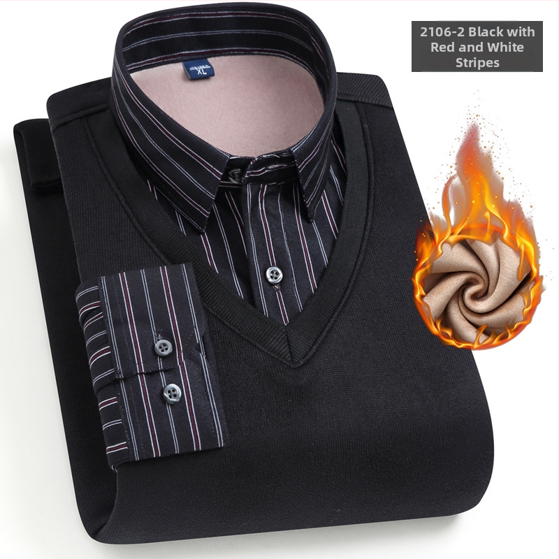 Meeste võlts kaks-osaline särk, pikkade varrukatega, ruudukujuline krae, fleece-vooder, polüester, triibuline muster