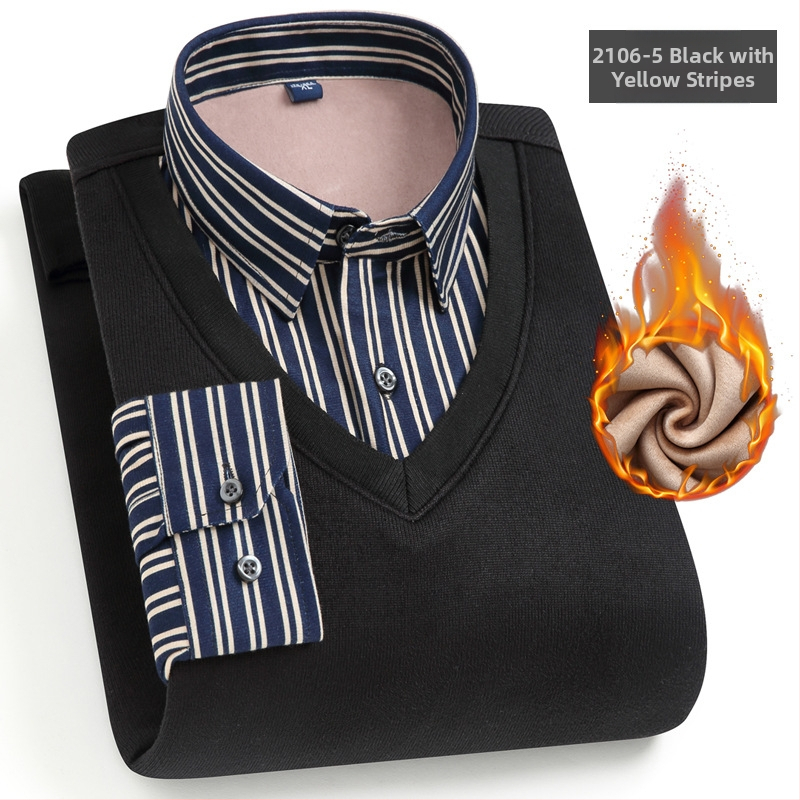 Meeste võlts kaks-osaline särk, pikkade varrukatega, ruudukujuline krae, fleece-vooder, polüester, triibuline muster