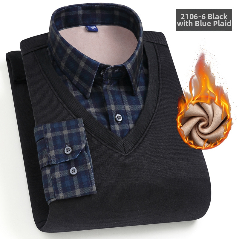 Meeste võlts kaks-osaline särk, pikkade varrukatega, ruudukujuline krae, fleece-vooder, polüester, triibuline muster