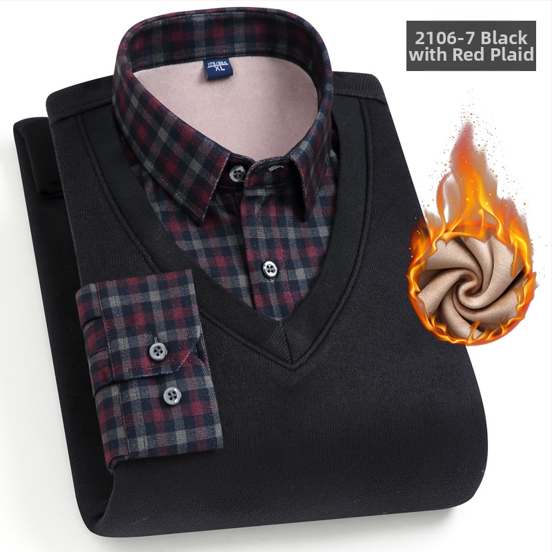 Meeste võlts kaks-osaline särk, pikkade varrukatega, ruudukujuline krae, fleece-vooder, polüester, triibuline muster