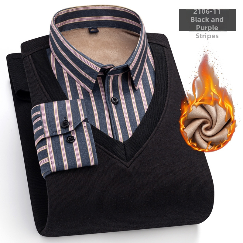 Meeste võlts kaks-osaline särk, pikkade varrukatega, ruudukujuline krae, fleece-vooder, polüester, triibuline muster