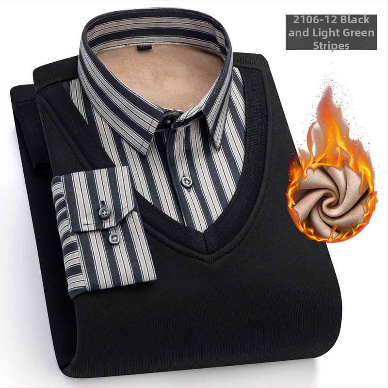 Meeste võlts kaks-osaline särk, pikkade varrukatega, ruudukujuline krae, fleece-vooder, polüester, triibuline muster